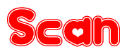 The image is a red and white graphic with the word Scan written in a decorative script. Each letter in  is contained within its own outlined bubble-like shape. Inside each letter, there is a white heart symbol.