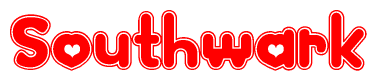 The image is a red and white graphic with the word Southwark written in a decorative script. Each letter in  is contained within its own outlined bubble-like shape. Inside each letter, there is a white heart symbol.