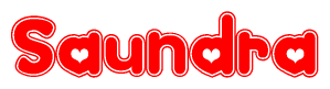 The image is a red and white graphic with the word Saundra written in a decorative script. Each letter in  is contained within its own outlined bubble-like shape. Inside each letter, there is a white heart symbol.