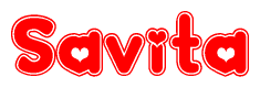 The image is a red and white graphic with the word Savita written in a decorative script. Each letter in  is contained within its own outlined bubble-like shape. Inside each letter, there is a white heart symbol.