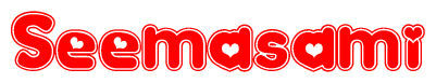 The image is a clipart featuring the word Seemasami written in a stylized font with a heart shape replacing inserted into the center of each letter. The color scheme of the text and hearts is red with a light outline.