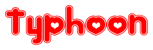 The image is a clipart featuring the word Typhoon written in a stylized font with a heart shape replacing inserted into the center of each letter. The color scheme of the text and hearts is red with a light outline.