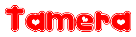 The image is a clipart featuring the word Tamera written in a stylized font with a heart shape replacing inserted into the center of each letter. The color scheme of the text and hearts is red with a light outline.