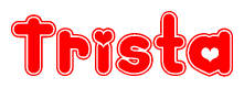 The image is a red and white graphic with the word Trista written in a decorative script. Each letter in  is contained within its own outlined bubble-like shape. Inside each letter, there is a white heart symbol.