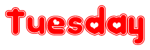 The image is a red and white graphic with the word Tuesday written in a decorative script. Each letter in  is contained within its own outlined bubble-like shape. Inside each letter, there is a white heart symbol.