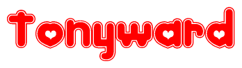 The image is a red and white graphic with the word Tonyward written in a decorative script. Each letter in  is contained within its own outlined bubble-like shape. Inside each letter, there is a white heart symbol.