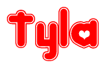 The image is a red and white graphic with the word Tyla written in a decorative script. Each letter in  is contained within its own outlined bubble-like shape. Inside each letter, there is a white heart symbol.