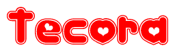 The image is a clipart featuring the word Tecora written in a stylized font with a heart shape replacing inserted into the center of each letter. The color scheme of the text and hearts is red with a light outline.