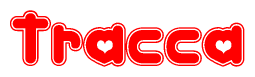 The image is a red and white graphic with the word Tracca written in a decorative script. Each letter in  is contained within its own outlined bubble-like shape. Inside each letter, there is a white heart symbol.