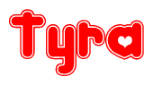The image is a clipart featuring the word Tyra written in a stylized font with a heart shape replacing inserted into the center of each letter. The color scheme of the text and hearts is red with a light outline.