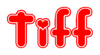 The image is a red and white graphic with the word Tiff written in a decorative script. Each letter in  is contained within its own outlined bubble-like shape. Inside each letter, there is a white heart symbol.