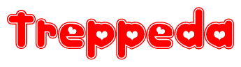The image displays the word Treppeda written in a stylized red font with hearts inside the letters.