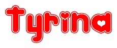 The image is a clipart featuring the word Tyrina written in a stylized font with a heart shape replacing inserted into the center of each letter. The color scheme of the text and hearts is red with a light outline.