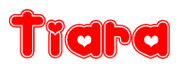 The image is a clipart featuring the word Tiara written in a stylized font with a heart shape replacing inserted into the center of each letter. The color scheme of the text and hearts is red with a light outline.