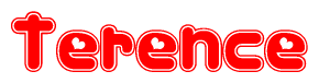 The image is a red and white graphic with the word Terence written in a decorative script. Each letter in  is contained within its own outlined bubble-like shape. Inside each letter, there is a white heart symbol.