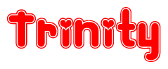 The image is a clipart featuring the word Trinity written in a stylized font with a heart shape replacing inserted into the center of each letter. The color scheme of the text and hearts is red with a light outline.