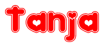 The image is a red and white graphic with the word Tanja written in a decorative script. Each letter in  is contained within its own outlined bubble-like shape. Inside each letter, there is a white heart symbol.