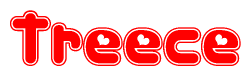 The image is a clipart featuring the word Treece written in a stylized font with a heart shape replacing inserted into the center of each letter. The color scheme of the text and hearts is red with a light outline.