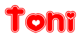 The image is a clipart featuring the word Toni written in a stylized font with a heart shape replacing inserted into the center of each letter. The color scheme of the text and hearts is red with a light outline.