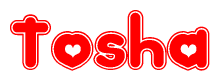 The image is a red and white graphic with the word Tosha written in a decorative script. Each letter in  is contained within its own outlined bubble-like shape. Inside each letter, there is a white heart symbol.