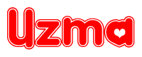 The image is a red and white graphic with the word Uzma written in a decorative script. Each letter in  is contained within its own outlined bubble-like shape. Inside each letter, there is a white heart symbol.