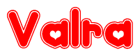 The image displays the word Valra written in a stylized red font with hearts inside the letters.