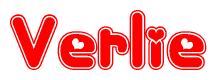 The image is a red and white graphic with the word Verlie written in a decorative script. Each letter in  is contained within its own outlined bubble-like shape. Inside each letter, there is a white heart symbol.