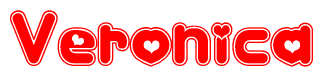 The image is a red and white graphic with the word Veronica written in a decorative script. Each letter in  is contained within its own outlined bubble-like shape. Inside each letter, there is a white heart symbol.