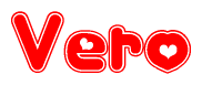 The image is a red and white graphic with the word Vero written in a decorative script. Each letter in  is contained within its own outlined bubble-like shape. Inside each letter, there is a white heart symbol.