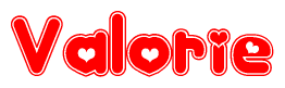 The image is a clipart featuring the word Valorie written in a stylized font with a heart shape replacing inserted into the center of each letter. The color scheme of the text and hearts is red with a light outline.