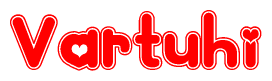The image is a clipart featuring the word Vartuhi written in a stylized font with a heart shape replacing inserted into the center of each letter. The color scheme of the text and hearts is red with a light outline.