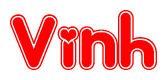 The image is a red and white graphic with the word Vinh written in a decorative script. Each letter in  is contained within its own outlined bubble-like shape. Inside each letter, there is a white heart symbol.