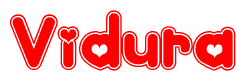 The image is a clipart featuring the word Vidura written in a stylized font with a heart shape replacing inserted into the center of each letter. The color scheme of the text and hearts is red with a light outline.