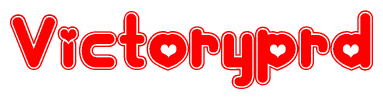The image is a clipart featuring the word Victoryprd written in a stylized font with a heart shape replacing inserted into the center of each letter. The color scheme of the text and hearts is red with a light outline.