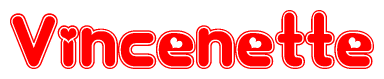 The image is a clipart featuring the word Vincenette written in a stylized font with a heart shape replacing inserted into the center of each letter. The color scheme of the text and hearts is red with a light outline.