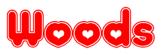 The image is a red and white graphic with the word Woods written in a decorative script. Each letter in  is contained within its own outlined bubble-like shape. Inside each letter, there is a white heart symbol.