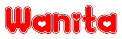 The image is a red and white graphic with the word Wanita written in a decorative script. Each letter in  is contained within its own outlined bubble-like shape. Inside each letter, there is a white heart symbol.