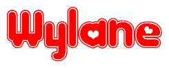 The image is a red and white graphic with the word Wylane written in a decorative script. Each letter in  is contained within its own outlined bubble-like shape. Inside each letter, there is a white heart symbol.