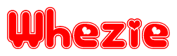 The image is a red and white graphic with the word Whezie written in a decorative script. Each letter in  is contained within its own outlined bubble-like shape. Inside each letter, there is a white heart symbol.