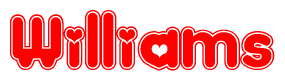 The image is a red and white graphic with the word Williams written in a decorative script. Each letter in  is contained within its own outlined bubble-like shape. Inside each letter, there is a white heart symbol.