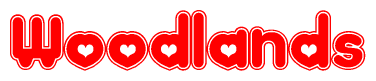 The image displays the word Woodlands written in a stylized red font with hearts inside the letters.