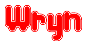 The image is a red and white graphic with the word Wryn written in a decorative script. Each letter in  is contained within its own outlined bubble-like shape. Inside each letter, there is a white heart symbol.