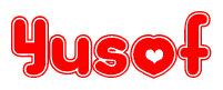The image displays the word Yusof written in a stylized red font with hearts inside the letters.