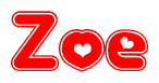 The image is a clipart featuring the word Zoe written in a stylized font with a heart shape replacing inserted into the center of each letter. The color scheme of the text and hearts is red with a light outline.