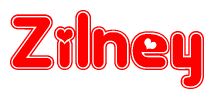 The image is a red and white graphic with the word Zilney written in a decorative script. Each letter in  is contained within its own outlined bubble-like shape. Inside each letter, there is a white heart symbol.