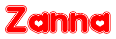 The image is a clipart featuring the word Zanna written in a stylized font with a heart shape replacing inserted into the center of each letter. The color scheme of the text and hearts is red with a light outline.