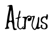 The image contains the word 'Atrus' written in a cursive, stylized font.