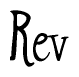 The image is a stylized text or script that reads 'Rev' in a cursive or calligraphic font.