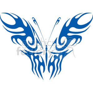 The image depicts a symmetrical tribal tattoo design in the shape of a butterfly. The design is stylized with flowing curves and pointed tips, typical of tribal artwork. The color scheme is a solid blue on a white background, and it looks like it could be suitable for use as vinyl-ready artwork due to its clear, bold lines and solid color.