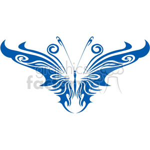 The image showcases a stylistic, symmetrical design of a butterfly with tribal tattoo aesthetics. It is rendered in blue and features flowing lines and swirls that create the outline and details of the butterfly.